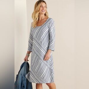 Soft Surroundings Dress Linen Sonya Blue and White Size XS NWT 3/4 Sleeves